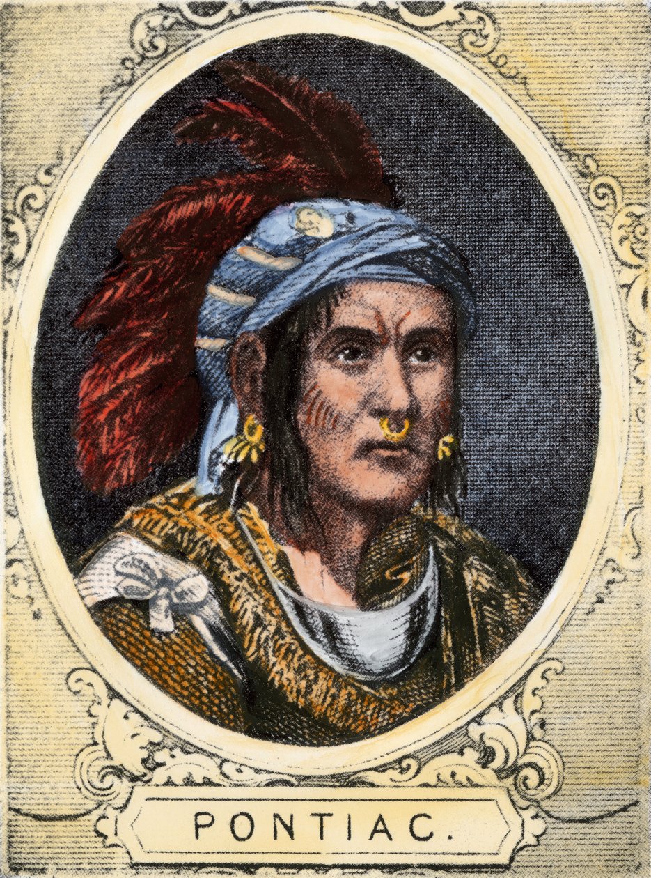 Pontiac (vagy Obwandiyag, 1714-1769 körül), a detroiti Outaouais indiánok törzsének (Ottawa Nation) főnöke portréja. Színes metszet a 19. századból. alkotó: Unbekannter Künstler