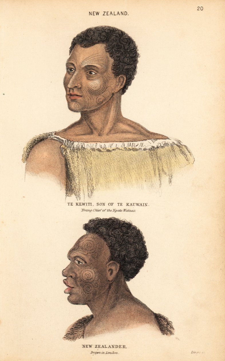 Te Kewiti, Te Kauwain fia, az új-zélandi maori Ngate Watnas fiatal főnökének portréja és egy tetovált maori, új-zélandi portréja, Londonban rajzolta Agasse. Lizars kézzel színezett acélmetszete Charles Hamilton Smith illusztrációja után. alkotó: Unbekannter Künstler