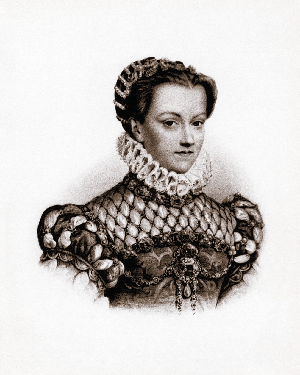 Franciaország királynéjának portréja Erzsébet osztrák királyné (1555-1592) 19. századi metszet alkotó: Unbekannter Künstler