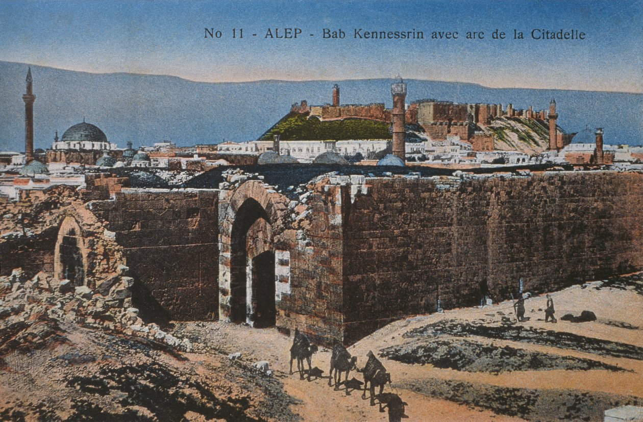 Bab Quinnasrint és az aleppói Citadellát ábrázoló képeslap, 1920 körül (színes fotolit) alkotó: Unbekannt