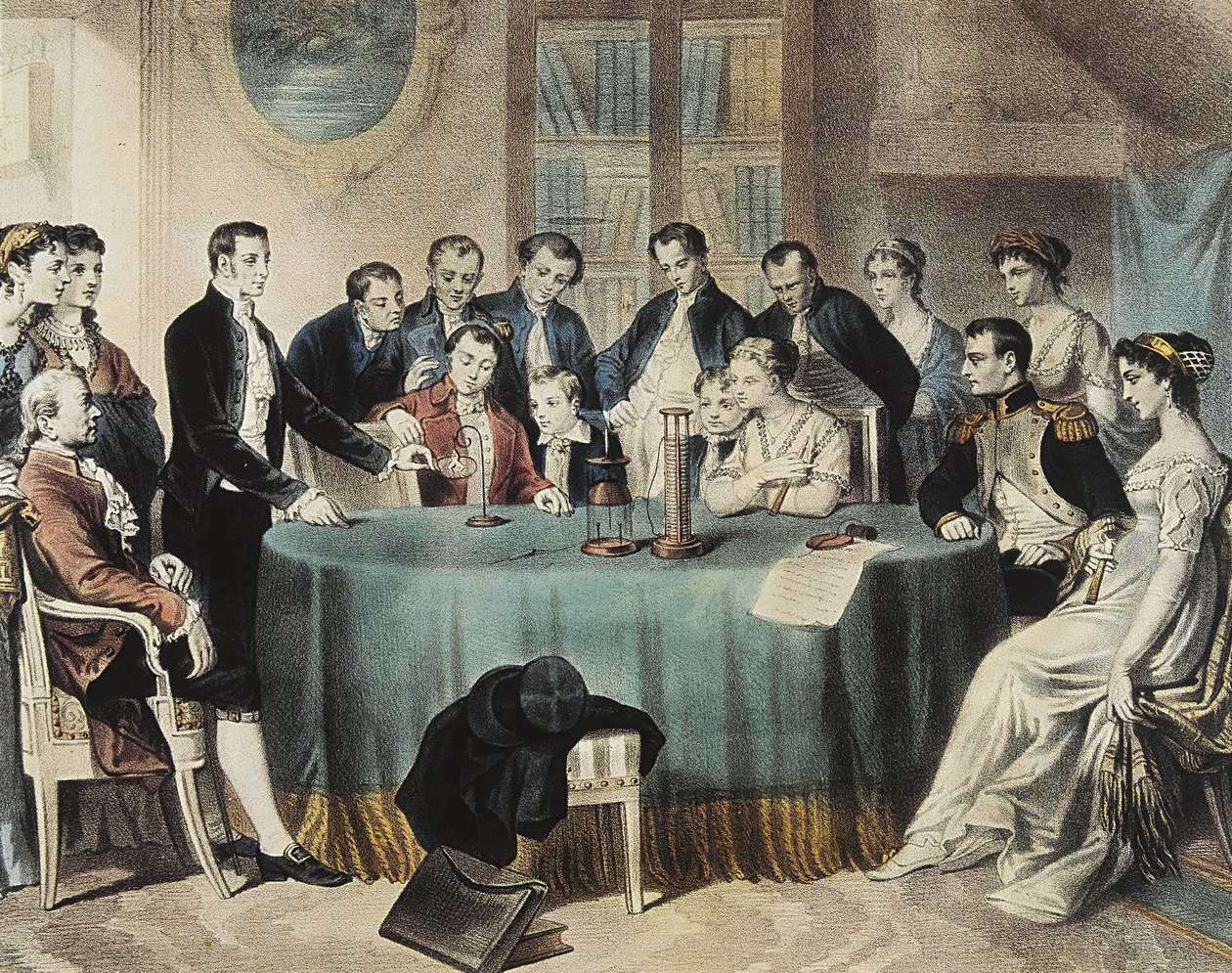 Az elektromos elemmel kapcsolatos kísérletek bemutatása 1801-ben Bonaparte Napóleon első konzulnak Volta által (metszet) alkotó: Unbekannter Künstler