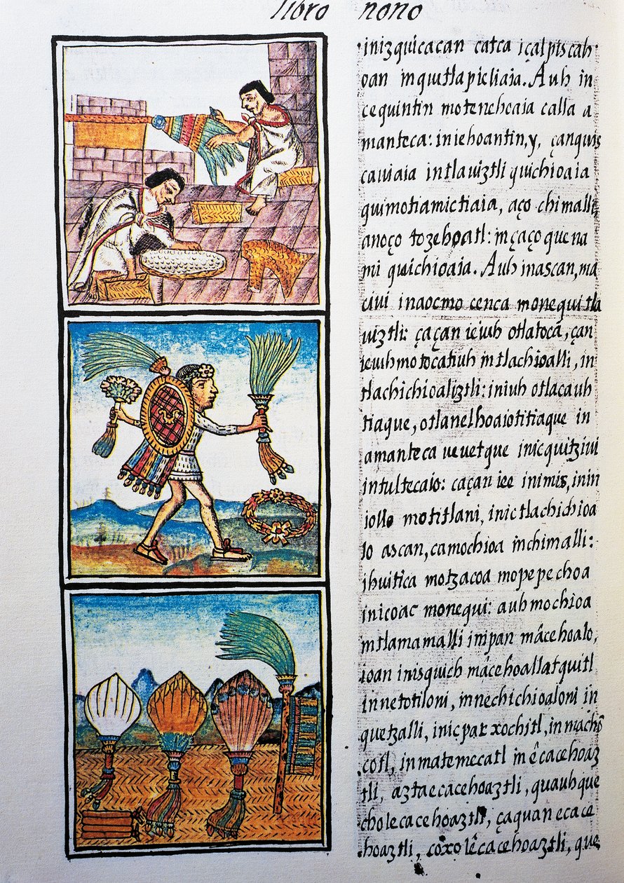 Tollak feldolgozása, nahuati nyelvű szöveg, Bernardino de Sahagun Új-Spanyolország dolgainak általános története, más néven Firenzei Kódex című kéziratának fakszimiléjéből alkotó: William M. Timlin