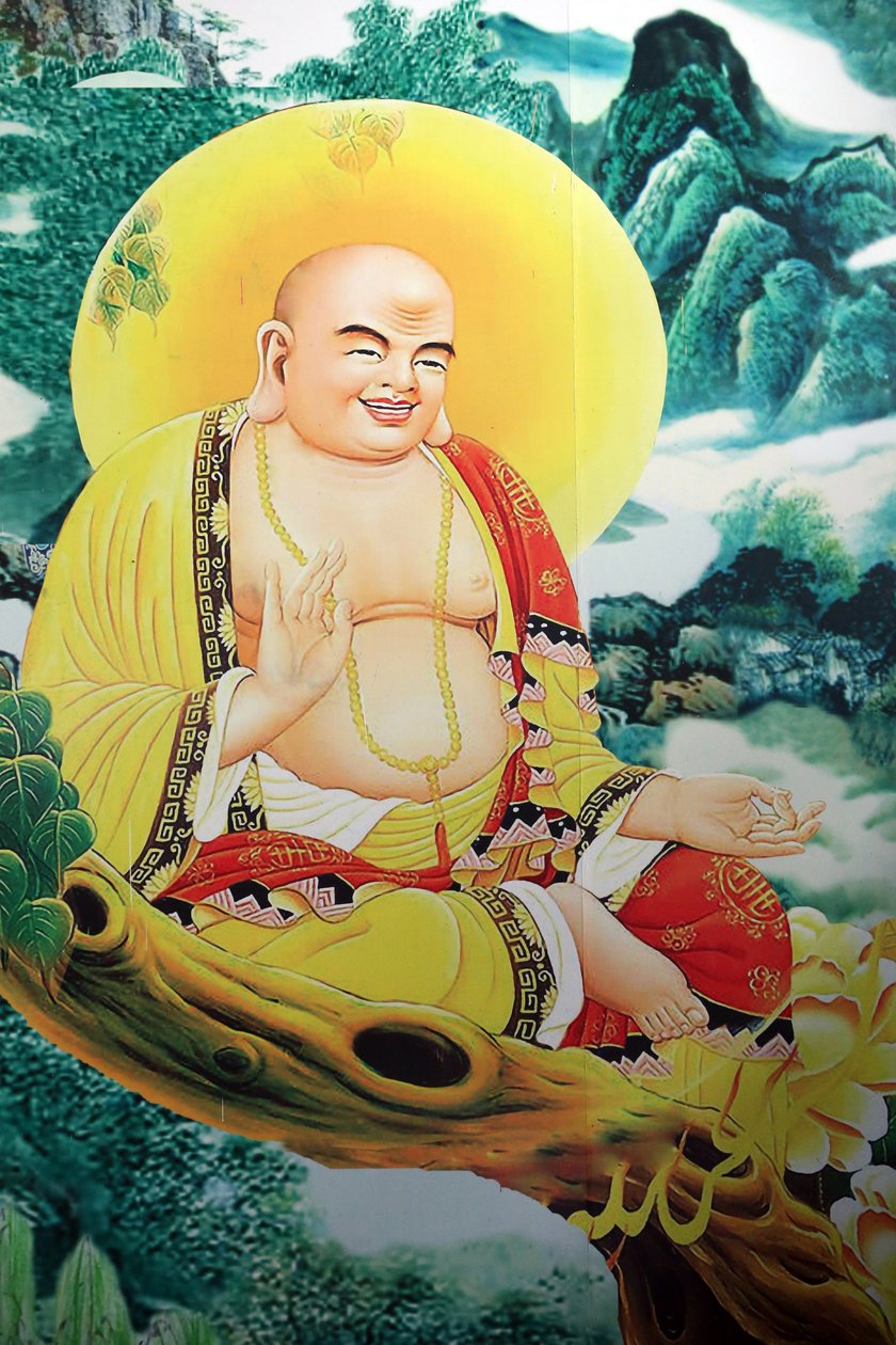 Quan The Am buddhista pagoda. Mosolygó Buddha festmény. Danang. Vietnam alkotó: Unbekannt