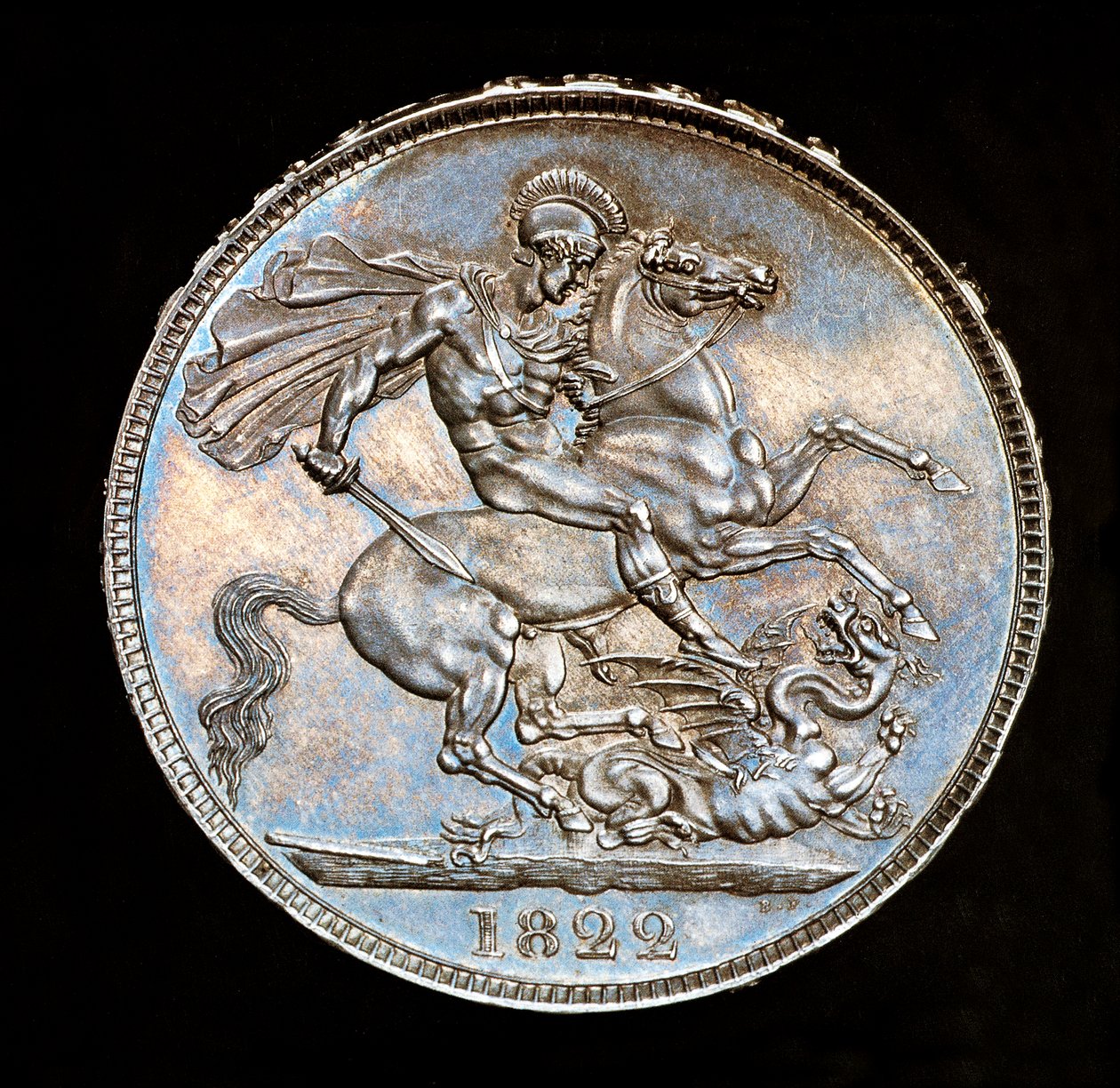 Ritka brit érme, IV. György király, Proof ezüst korona, Anglia védőszentje lóháton, karddal a sárkány megölésére készül, Bernedetto Pistrucci által készített pénzérme. alkotó: Unbekannter Künstler