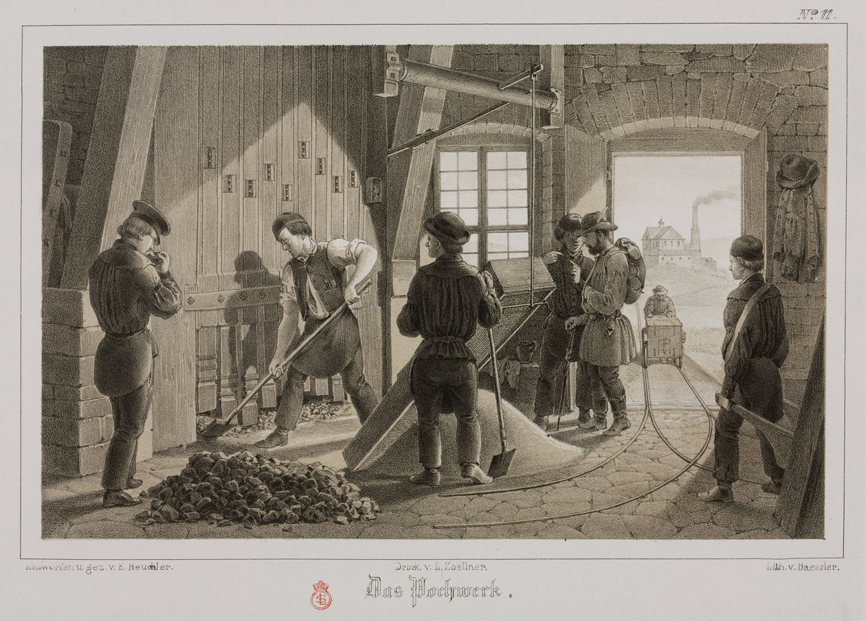 Nyersanyag-feldolgozás, kohászat, az érc felverése, Németország, 1851. alkotó: Unbekannt