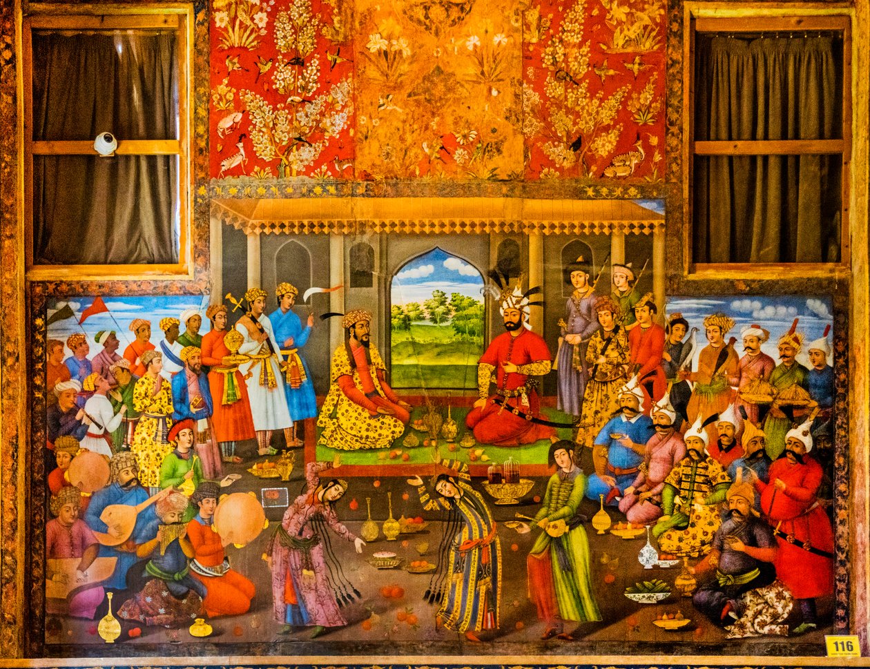 Humayun mogul uralkodó fogadása 1544, freskók udvari jelenetekkel és csatajelenetekkel, Chehel Sotoun palota, Iszfahán, Iszfahán, Irán, Ázsia (fotó) alkotó: Unbekannter Künstler