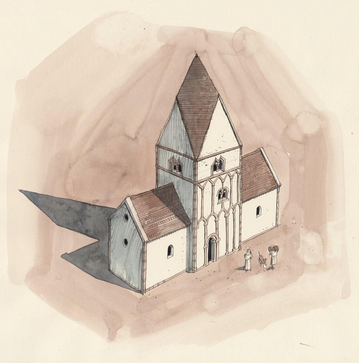 A Szent Péter-templom rekonstrukciós rajza az angolszász időszakban, Wales, Liam (XX. század) (akvarell, papír) alkotó: Unbekannter Künstler