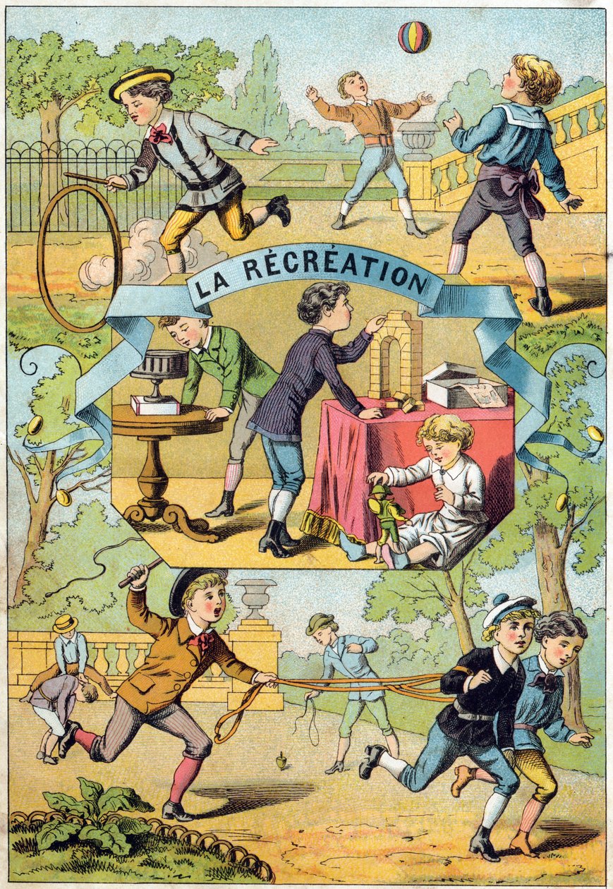 Pihenés az iskola udvarán. Metszet „Alphabet des petits ecoliers” felirattal. Az Epinal képalkotása, 1885 körül. Privee Collection alkotó: Unbekannt
