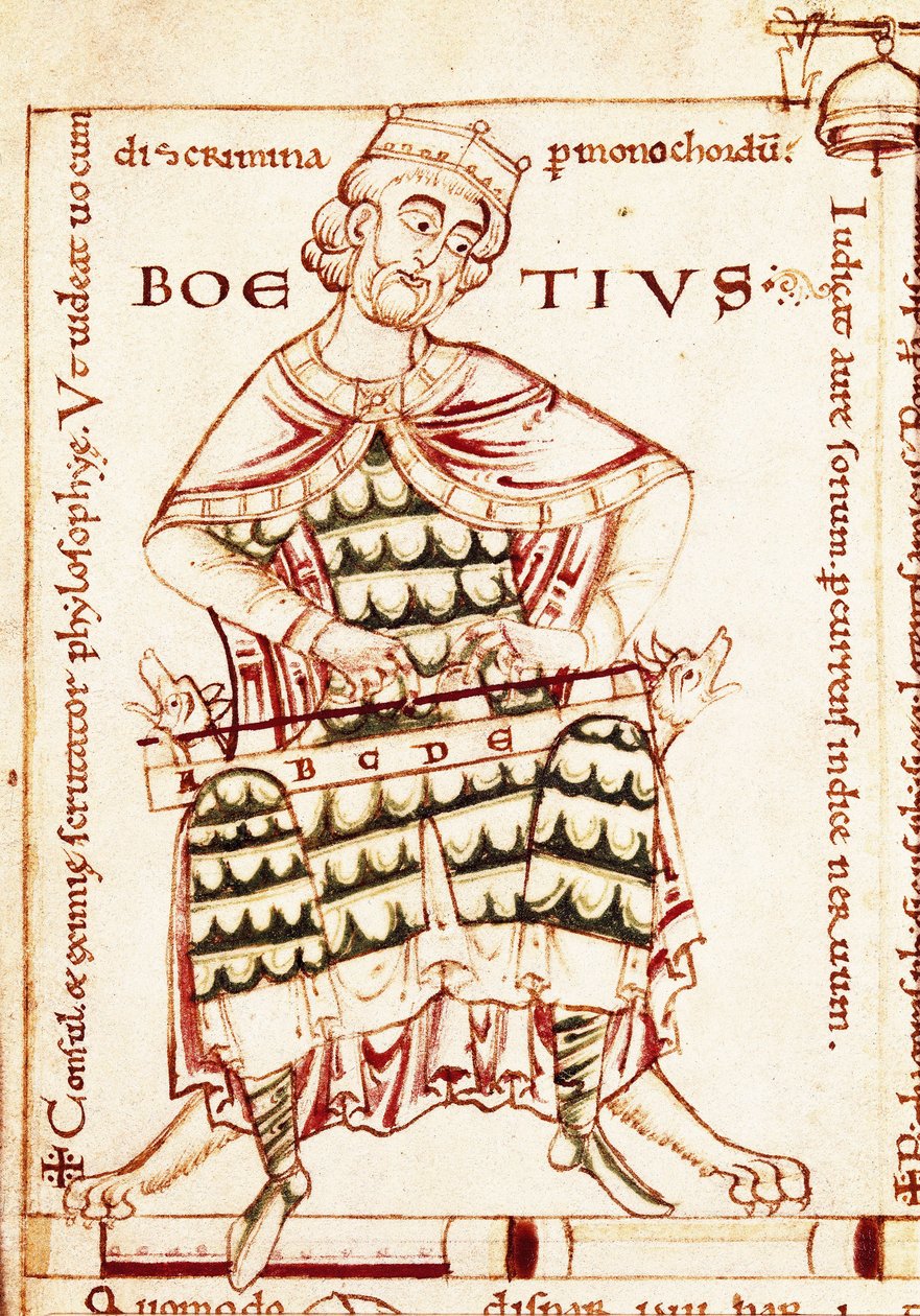A latin filozófus Boece (Anicius Manlius Severinus Boetius vagy Boethius) (480-524) ábrázolása hangszert tartó (zenei tanulmány). Miniatűr egy canterburyi kéziratból. alkotó: Unbekannt