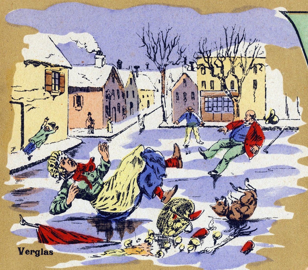 Télen jégen csúszó falu lakói. Illusztrált ábécé. A képek a 20. század elején Jarville-Nancyben újra egyesültek. Mérete: 40x29 cm. Litográfia bisztre alapon alkotó: Unbekannt