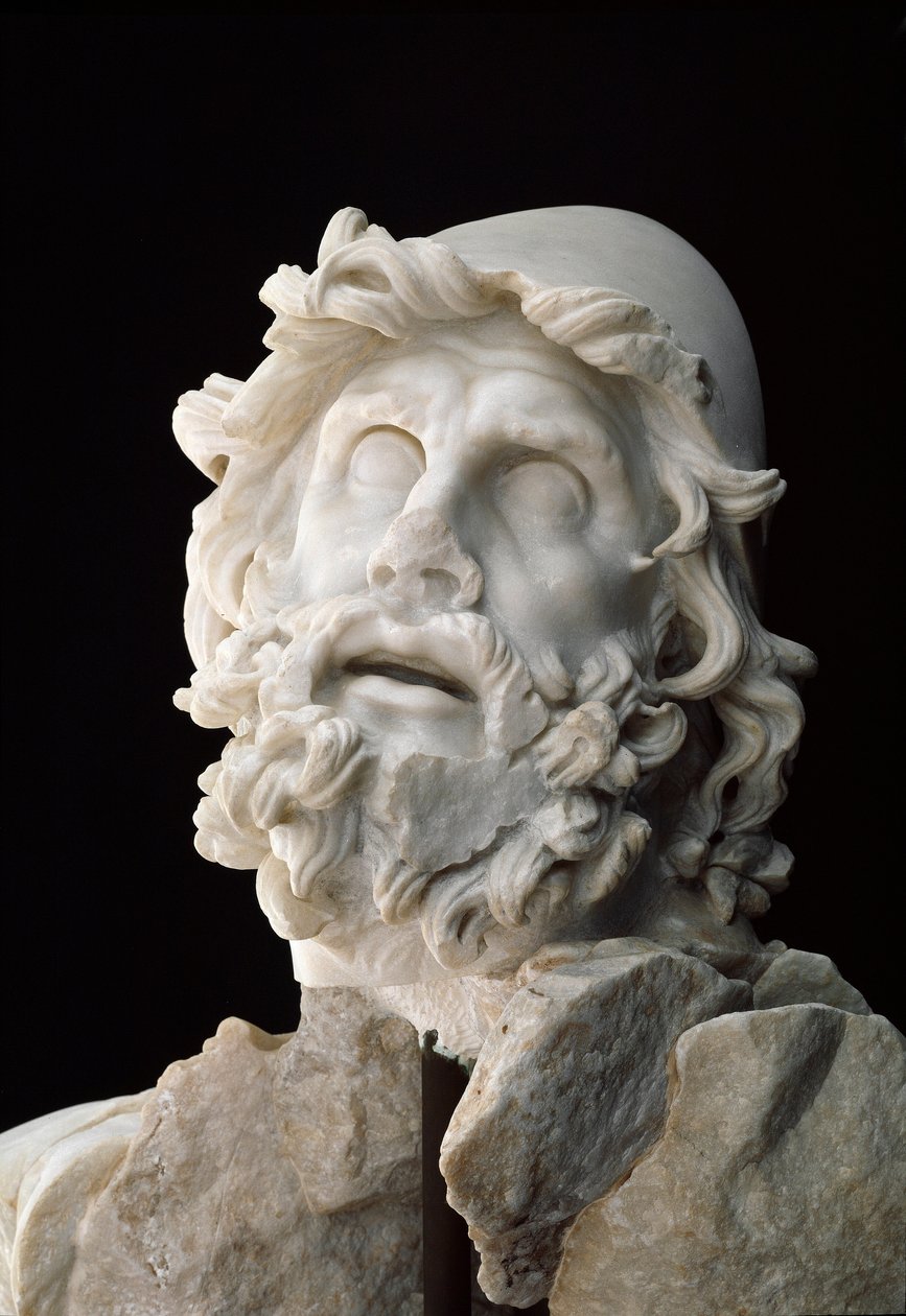 Római művészet: „” poliféma vakok” csoportja: Ulysses feje – Márványszobor, 1. század JC előtt vagy után – Sperlonga, museo Archeologico Nazionale – Ulysses feje alkotó: Unbekannt