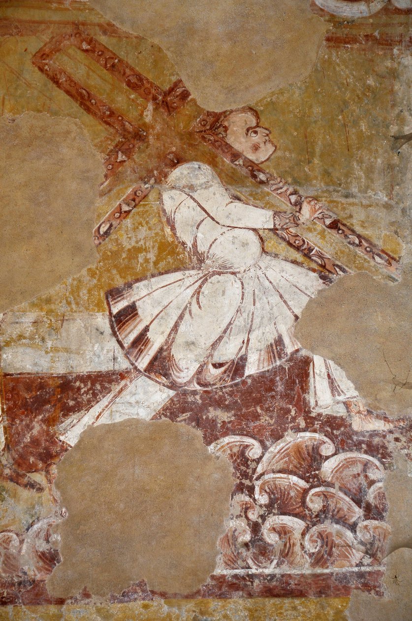 Román művészet: Cypere-i Simon Krisztus keresztjét viseli. Részletkép a "La vie du Christ" (13. század) kórus freskóiból a Szent Márton templomból (Saint Martin) alkotó: Unbekannter Künstler