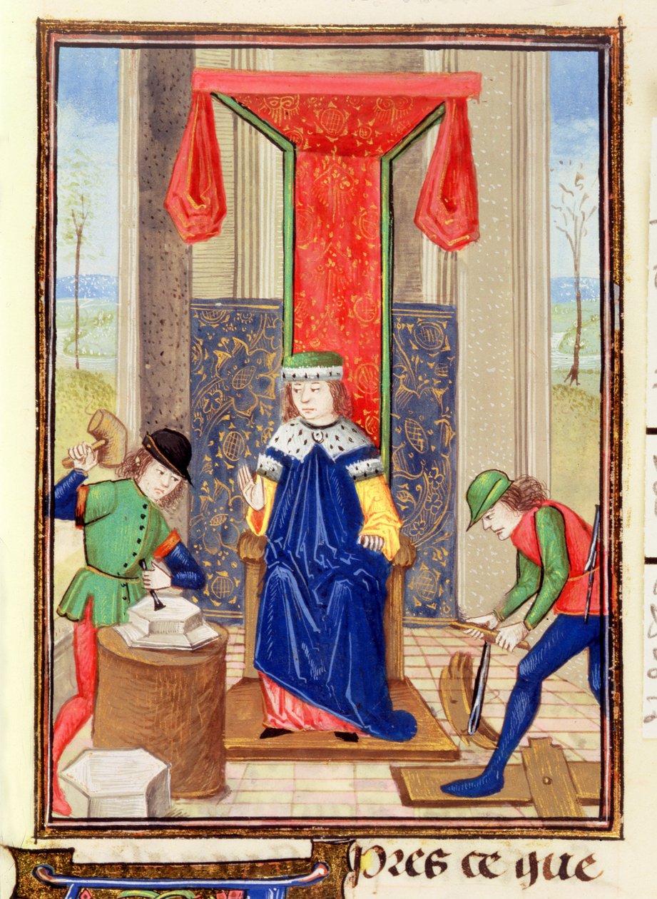 Roy 15 EII f.265 Mester, asztalos és kőfaragó, Bartolomeus Anglicus „Des Proprietez des Choses” című művéből alkotó: Unbekannter Künstler