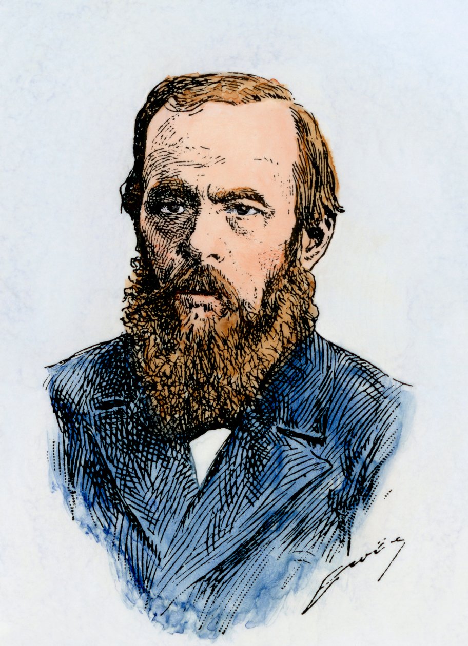 Fjodor Dosztojevszkij orosz író (1821-1881). Kézzel színezett fametszet egy 19. századi illusztrációról. alkotó: Unbekannter Künstler