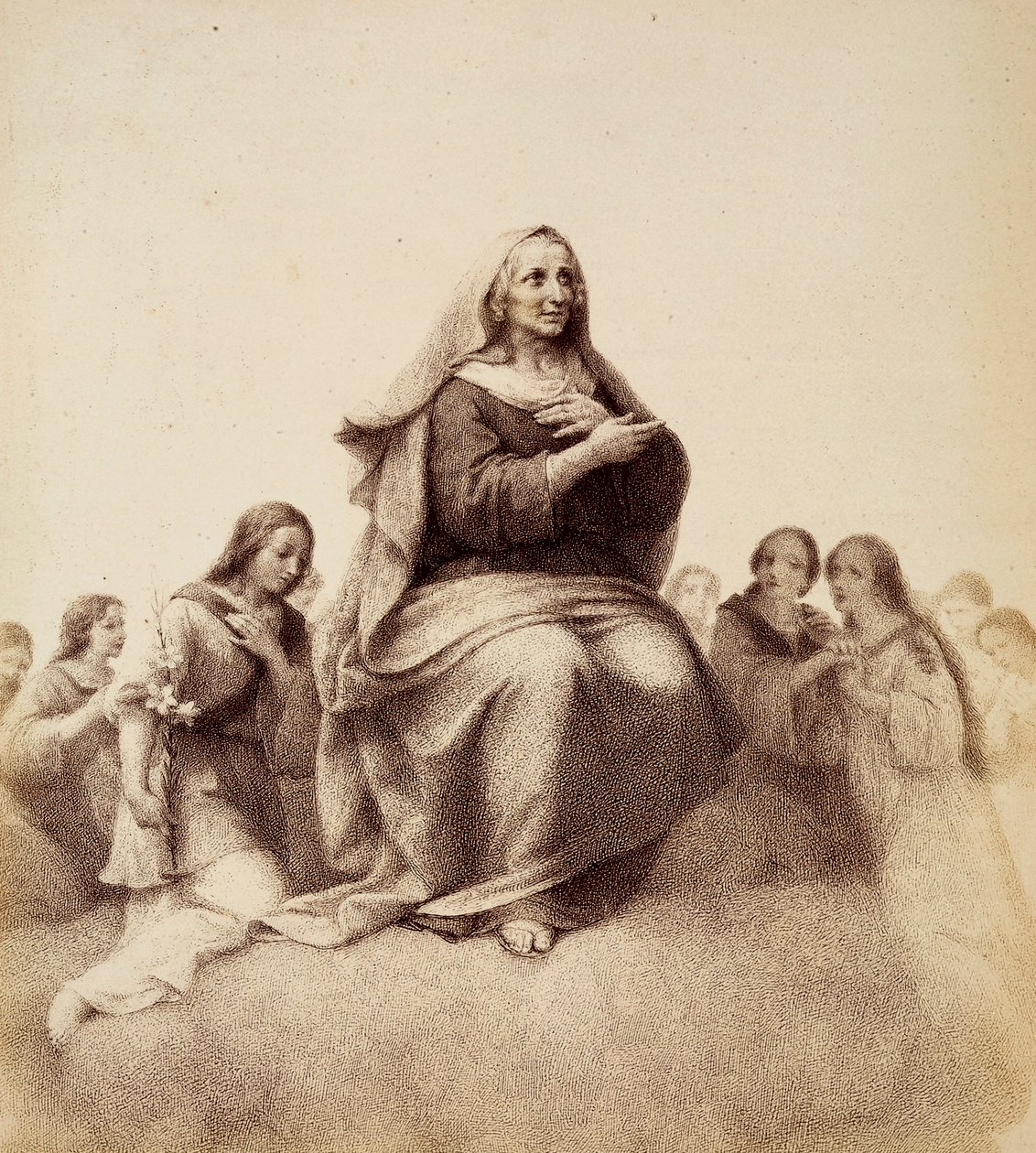Szent Anna elégedetten szemléli lányát. Illusztráció Dante Alighieri Isteni komédiája Paradiso című művének XXXII. énekéhez. Francesco Scaramuzza műve, amelyet a firenzei önkormányzatnak szentelt. alkotó: Unbekannter Künstler
