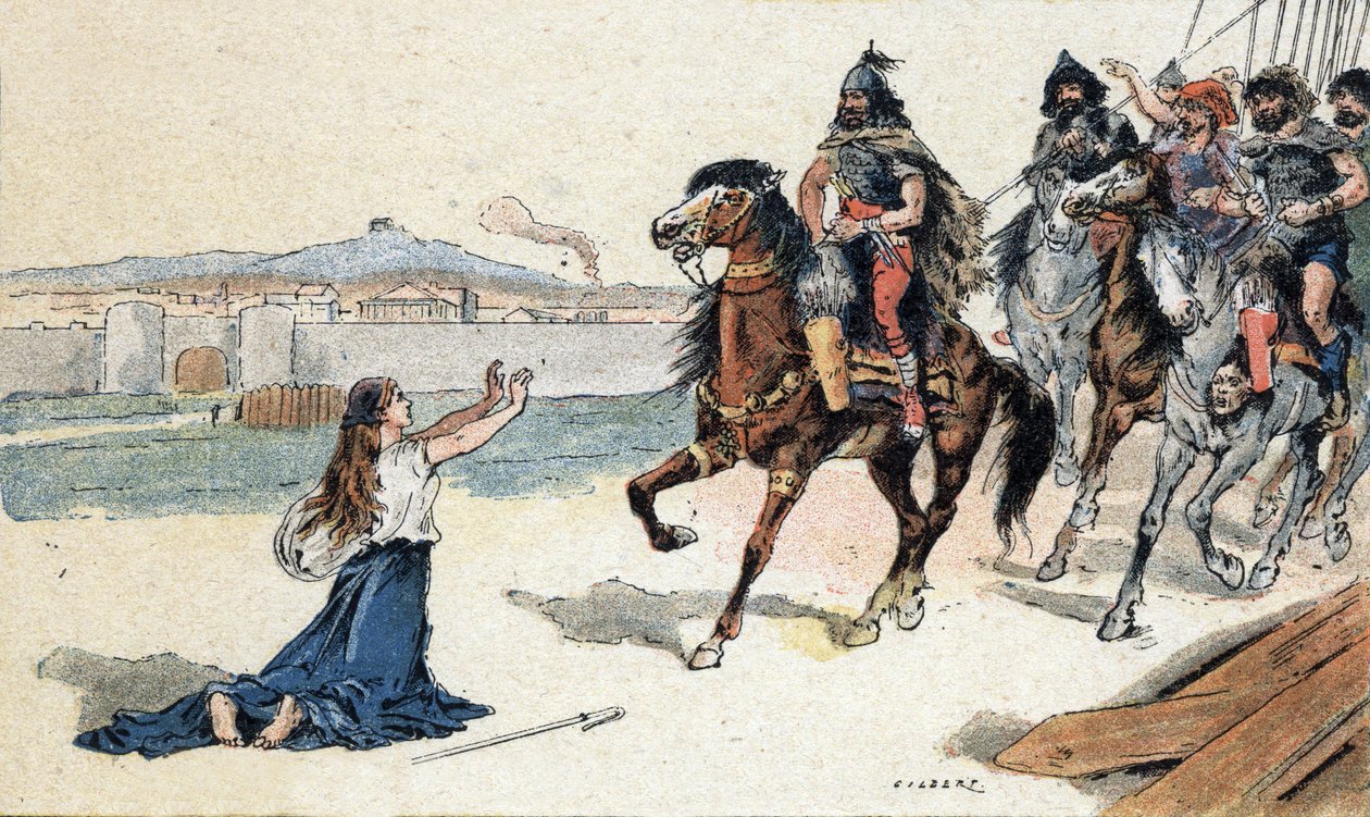 Szent Genevieve (422-502) Attila hun király előtt - Barbár inváziók - Camille Gilbert 1890-es illusztrációja (metszet) alkotó: Unbekannt