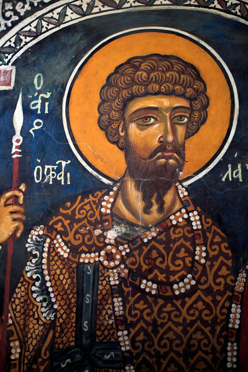 Szent Theodore Stratelates: bizánci freskó a 14. századból (1332) Phorbiotissa Szűz templom, Asinou Ciprus Festett templomok UNESCO-hely Troodos, Ciprus alkotó: Unbekannt