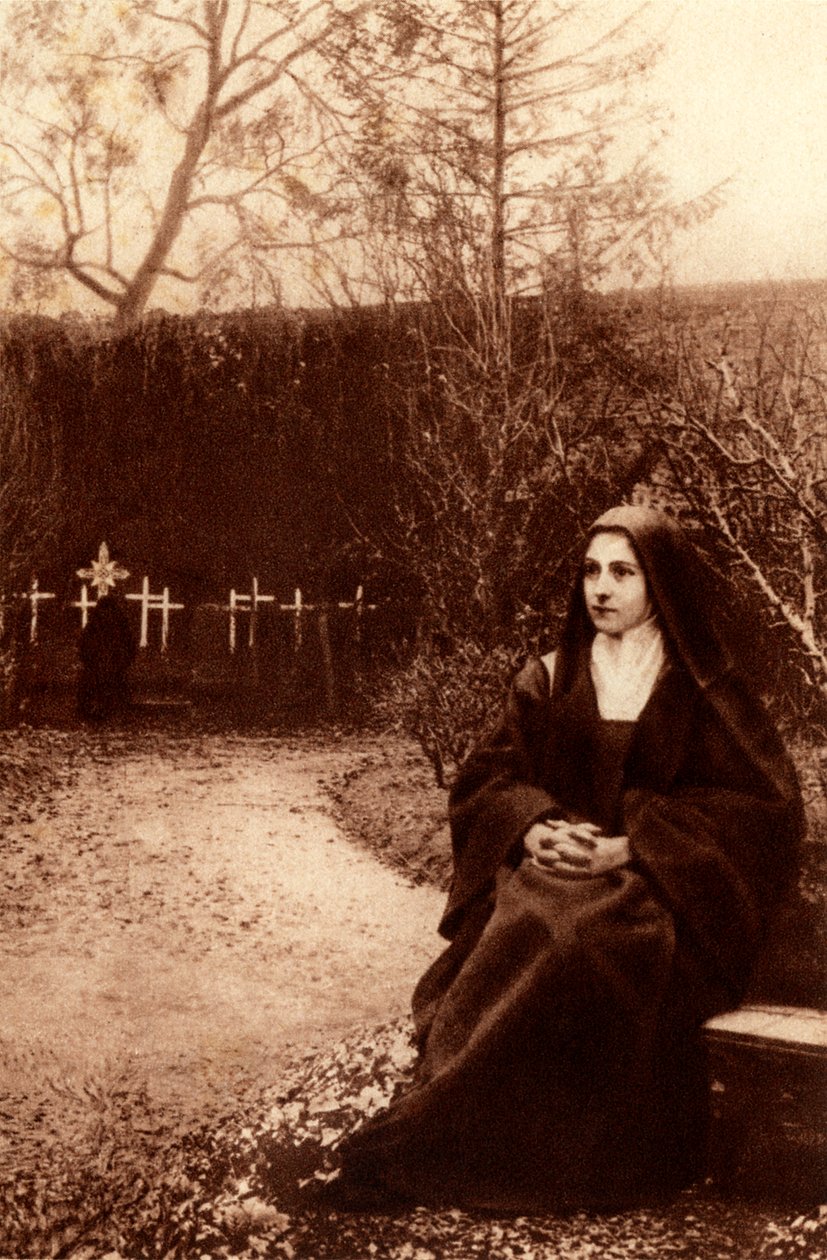 A Gyermek Jézus Szent Teréze a Lisieux-i kolostor kertjében elmélkedett. 1948 (fotónyomat) alkotó: Unbekannter Künstler