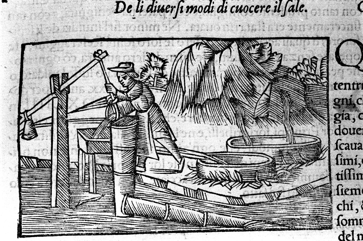 Sótermelés: főzés. Olaus Magnus (1490 - 1557) svéd vallásos és földrajztudós metszete, "Az északi nemzet története", Velence alkotó: Unbekannt