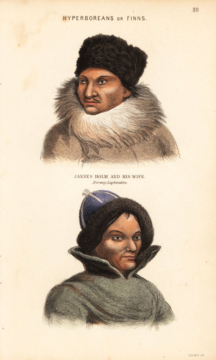 Sami emberek vagy lappok. Jannes Holm prémes sapkában és gallérban, felesége prémes sapkában, norvég lappok. Hyperboreaiak vagy finnek. Lizars kézzel színezett acélmetszete Charles Hamilton Smith Natural History of the Human című művének illusztrációja utá alkotó: Unbekannter Künstler