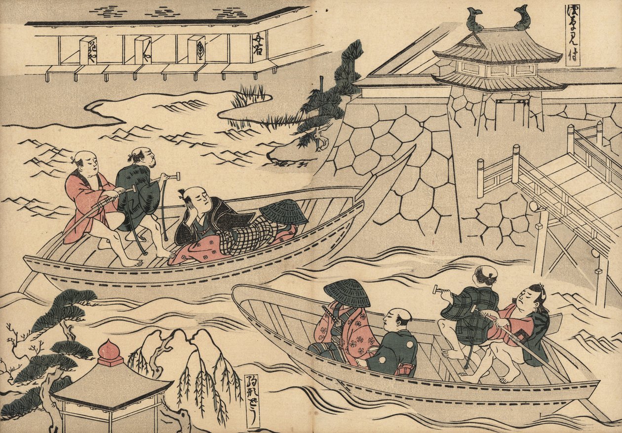 Szamurájok átkelnek a folyón (Akasaka Mitsukénál) egy csónakban a Yoshiwara szórakozóhelyre vezető úton. Masanobu Okumura (1686-1764) fametszete a Fuzoku Emakimono, Picture Scroll of the Water Trade, Tokió, 1880 körüli újranyomás. alkotó: Unbekannter Künstler