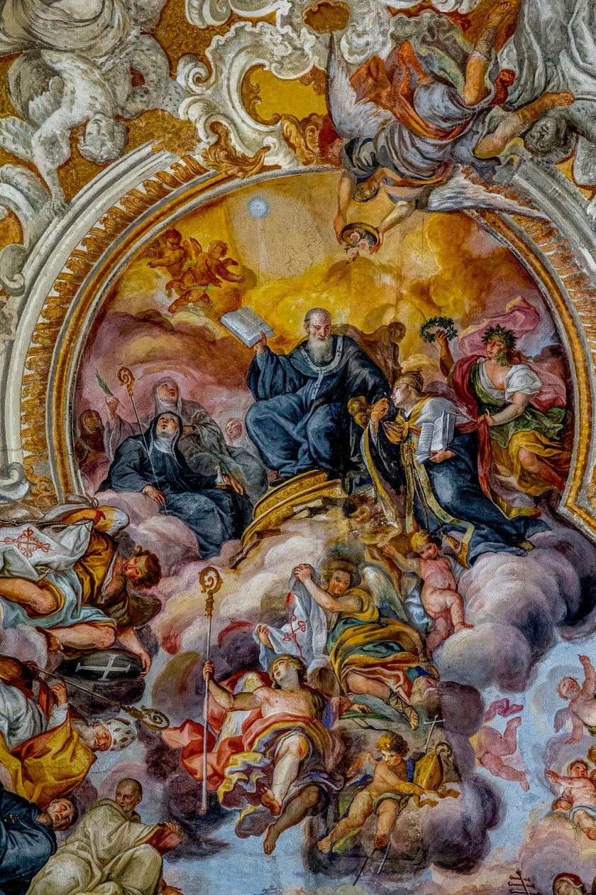 San Benedetto (Szent Benedek) templom, Catania, Szicília (Olaszország). Mennyezeti freskórészlet (XVIII. század). Szent Benedek. (fénykép) alkotó: Unbekannt