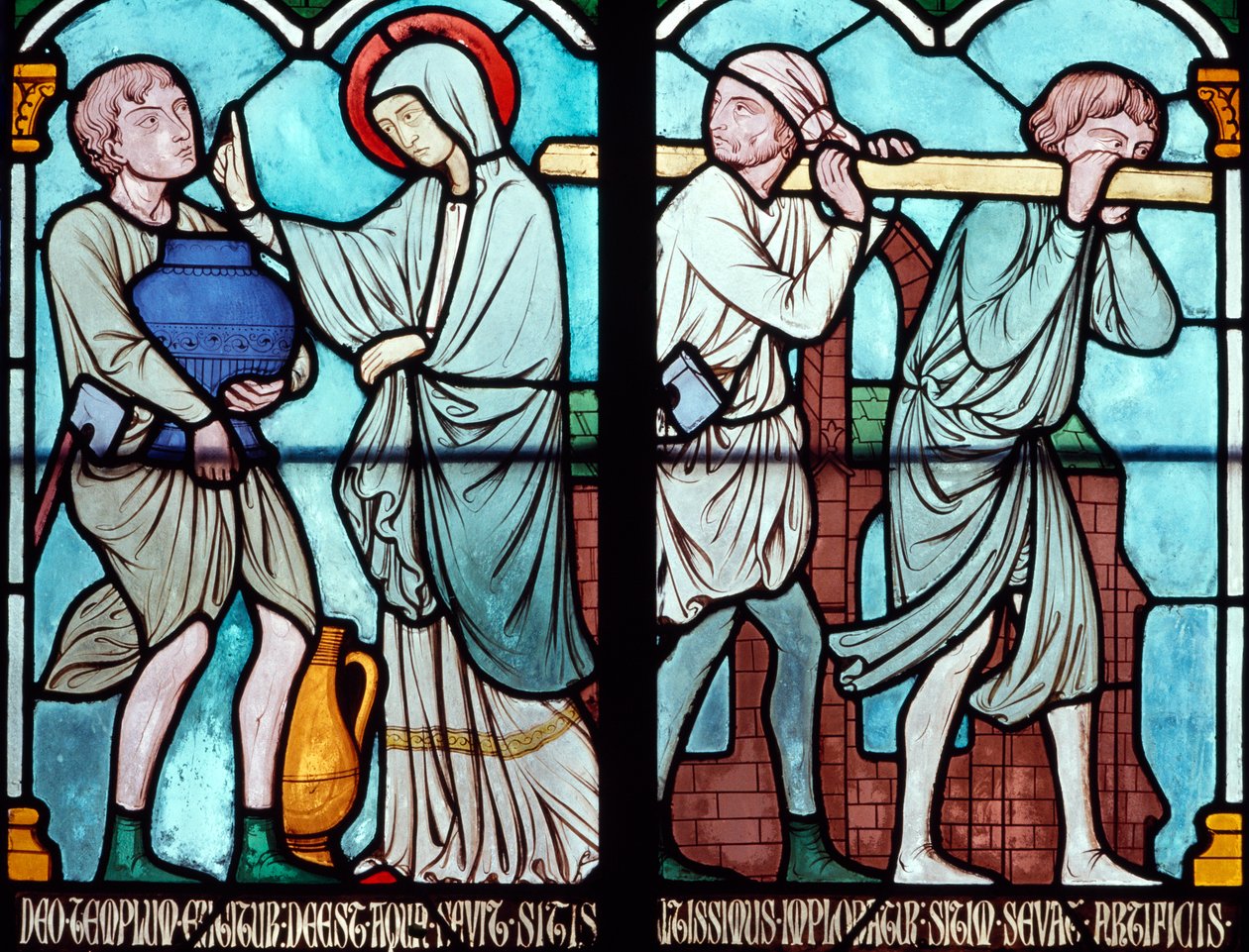 Jelenet St. Louis életéből, ólomüveg ablak a Notre Dame-székesegyházból, Párizs, Ile-de-France, Franciaország alkotó: Benjamin Baud