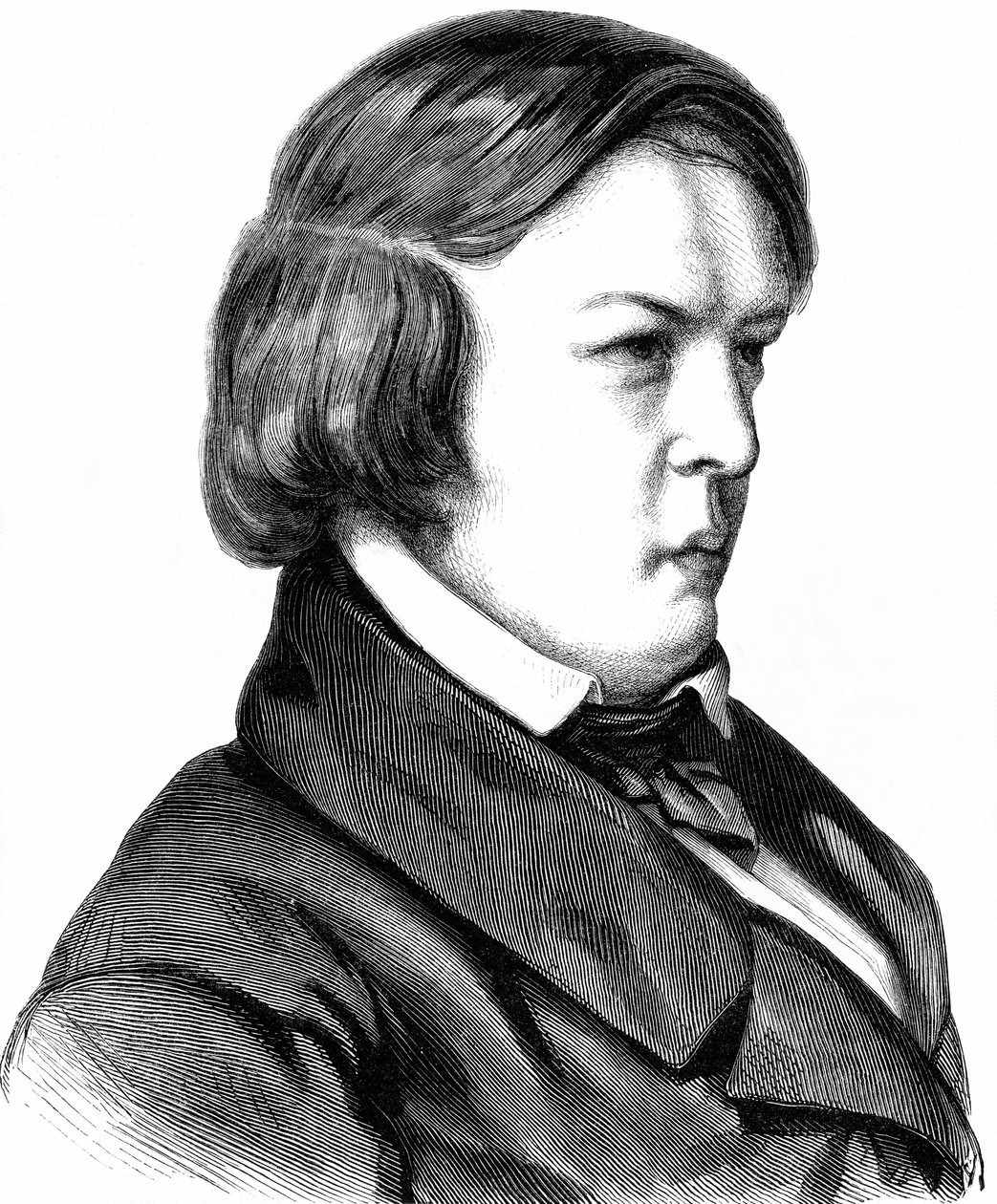 Schumann, Robert , német zeneszerző , szül. 08. 06. 1810 Zwickau, meghalt 29. 07. 1856 Endenichben, Bonn közelében, fametszet 1860 körül. alkotó: Unbekannter Künstler