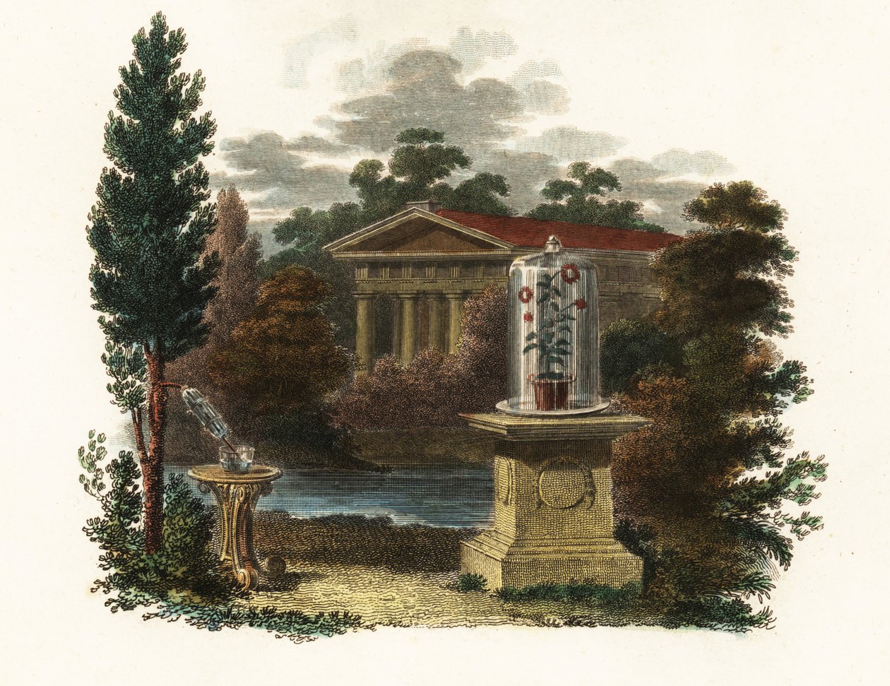 Stephen Hales tudományos találmányai a kertben.1802 (metszet) alkotó: Unbekannter Künstler