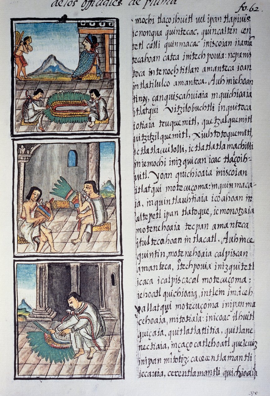 Díszkészlet és császártoll fejdísz, oldal a Firenzei Kódexből, kétnyelvű változat spanyolul és nahuatl nyelven, Új Spanyolország általános története, Fray Bernardino de Sahagun spanyol misszionárius. Azték civilizáció alkotó: William M. Timlin