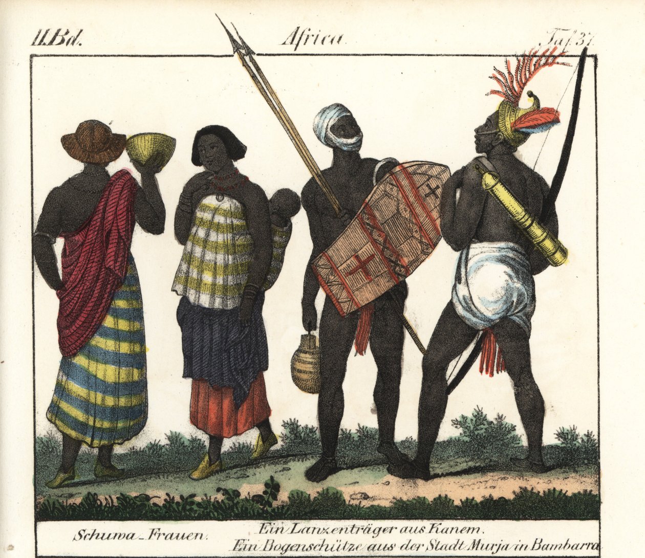 Shoua nők egy csecsemővel, egy lándzsával és egy íjásszal a Kanem Birodalomból (Csád és Líbia). A könyv litográfiája: Friedrich Wilhelm Goedsche (1785-1863) "Galerie complete en tableaux fideles des peuples d
