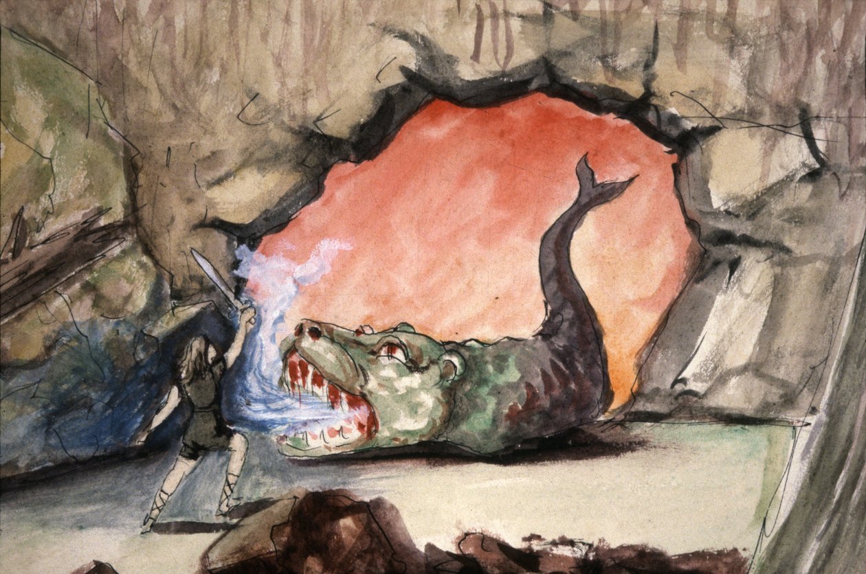 Siegfried megöli Fafner sárkányt, 19. század vége (illusztráció) alkotó: Unbekannter Künstler