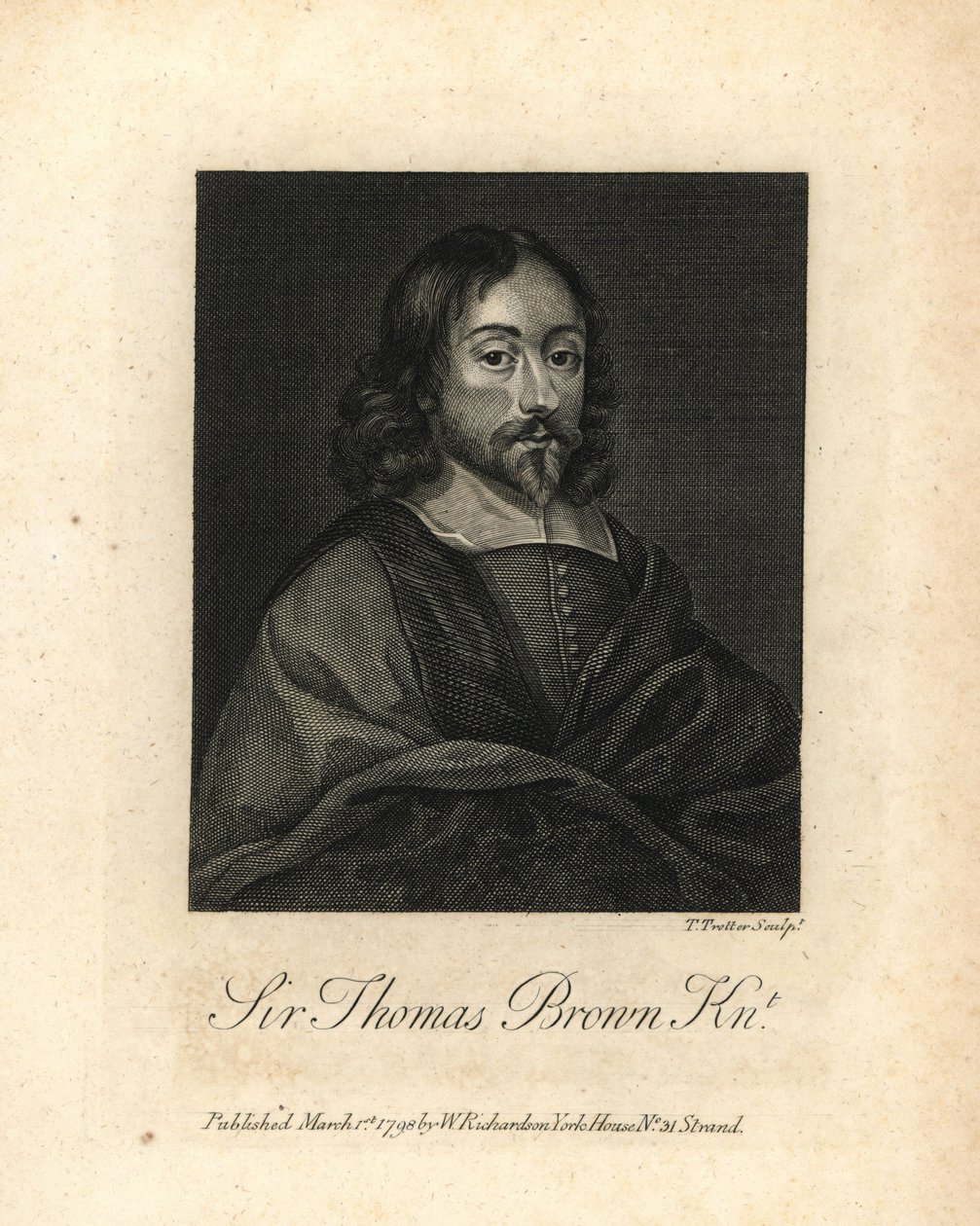 Sir Thomas Brown, angol polihisztor és író a tudomány, az orvostudomány, a vallás és az ezotéria területén, 1682-ben halt meg. Rézmetszet William Richard Portraits Illustrating Granger