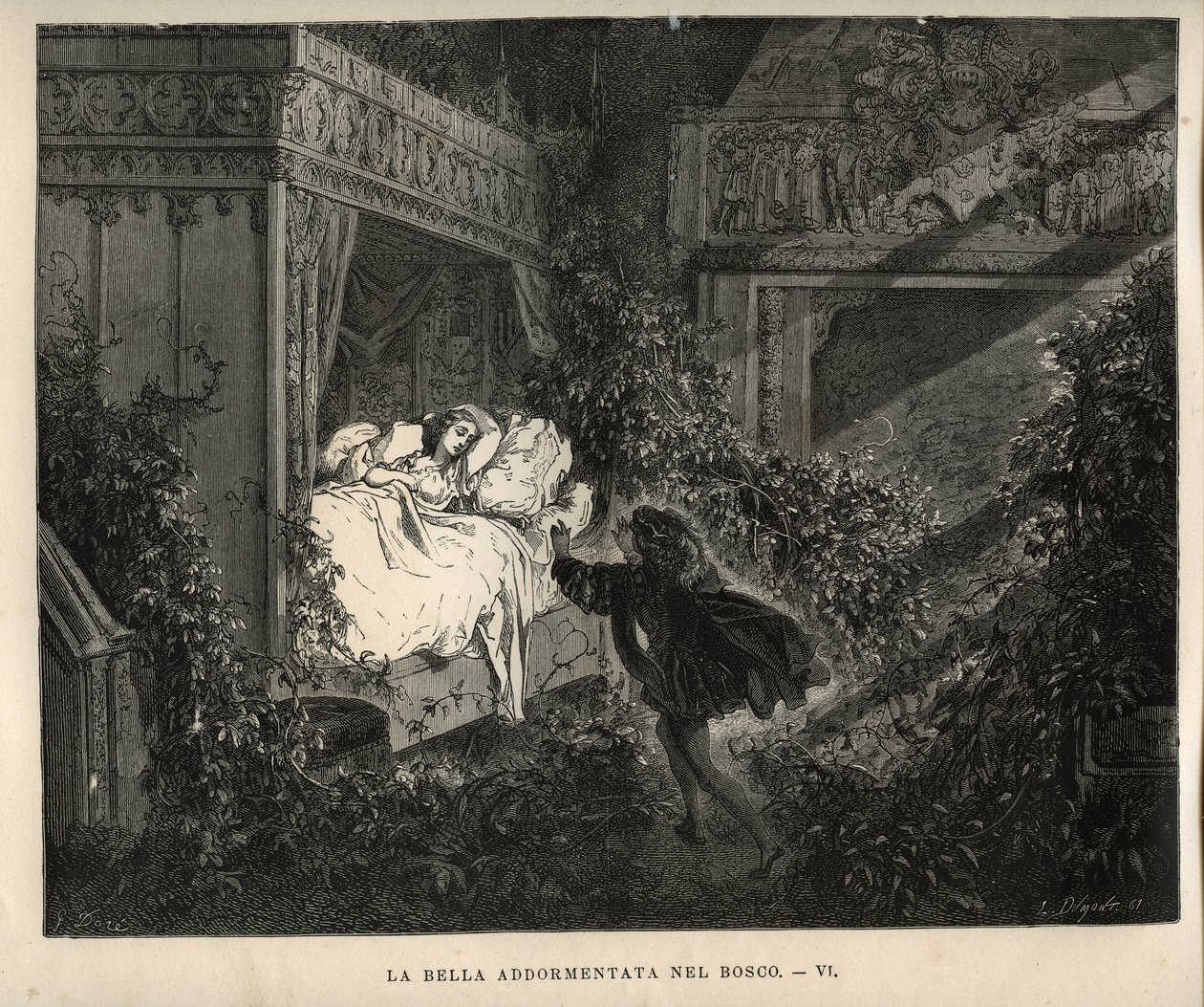Csipkerózsika: a herceg felfedezi a száz éve alvó hercegnőt. Gustave Dore (1832-1883) metszete Charles Perrault (1628-1703) „Les contes” című könyvéből alkotó: Unbekannt