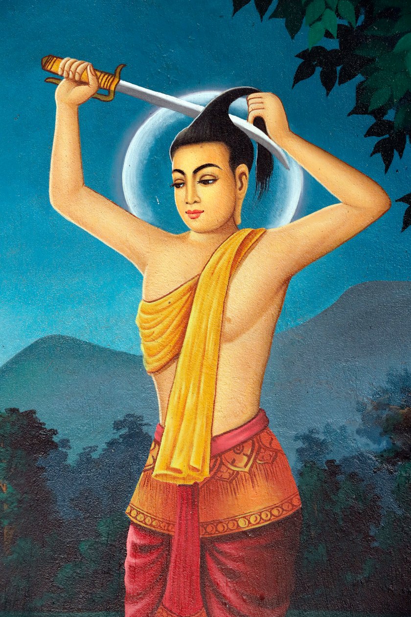 Srahchork buddhista kolostor. Sákjamuni Buddha élettörténetét ábrázoló festmény. Sziddhárta herceg levágta a haját, hogy lemondjon a világi életről az Anoma folyó partján. Phnom Penh. Kambodzsa. (fénykép) alkotó: Unbekannt