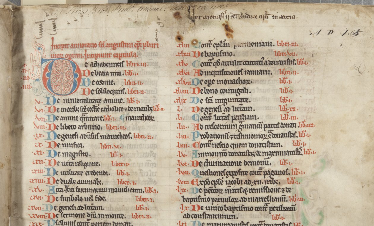 Hippo Szent Ágoston „Opera”, Fol 2 recto, részlet, 1200 körül (toll és tinta pergamenen) alkotó: Unbekannt