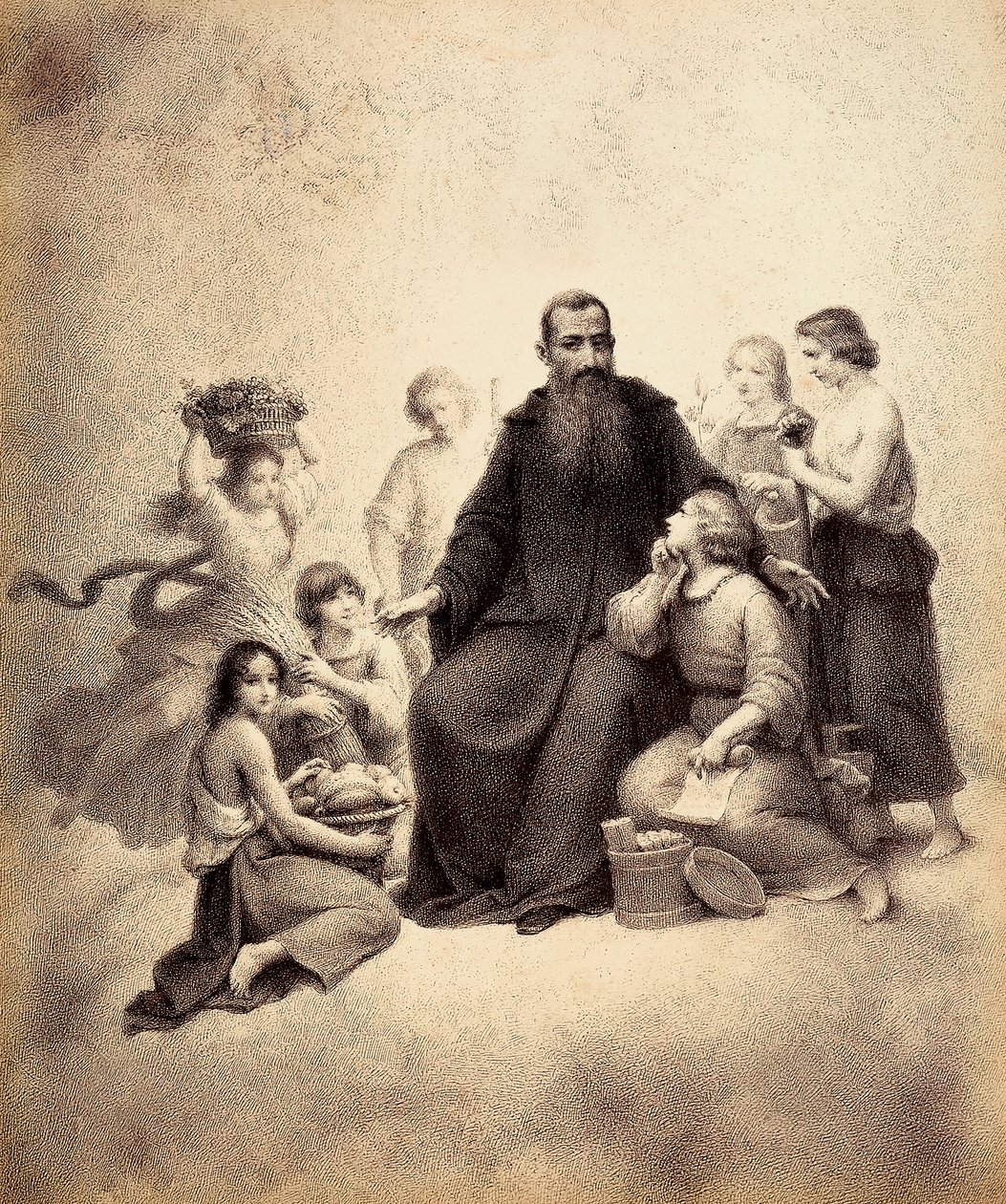 Szent Benedek trónol, körülötte fiatalok búzakévékkel és gyümölcskosarakkal. Illusztráció Dante Alighieri Isteni komédiája Paradiso című művének XXXII. énekéhez. Francesco Scaramuzza műve, amelyet a firenzei önkormányzatnak szentelt. alkotó: Unbekannter Künstler