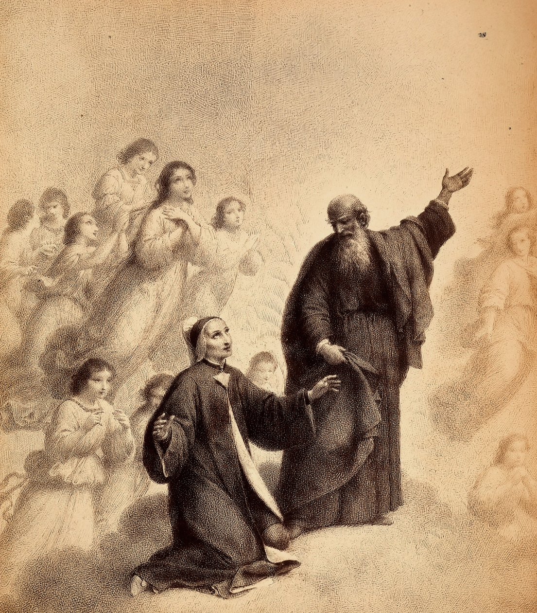 Szent Bernát mosolyogva int Danténak, hogy nézzen a magasba; a költő tárt karokkal térdel a szent mellett; áldott lelkek veszik körül őket. Illusztráció Dante Alighieri Az isteni komédia Paradiso című művének XXXIII. énekéhez. Francesco Scaramuzza dedi műv alkotó: Unbekannter Künstler