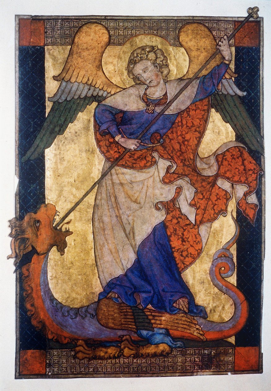 Szent Mihály legyőzi a sárkányt - pergamen, 1330 körül, Staatliche Museen Kupferstichkabinett, Berlin alkotó: Unbekannter Künstler