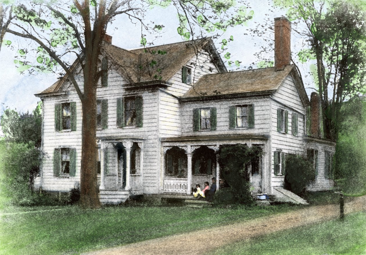 Stephen Grover Cleveland (1837-1908) szülőháza: "The Manse", Caldwell, New Jersey, Egyesült Államok. Színes metszet a 19. századból. alkotó: Unbekannter Künstler