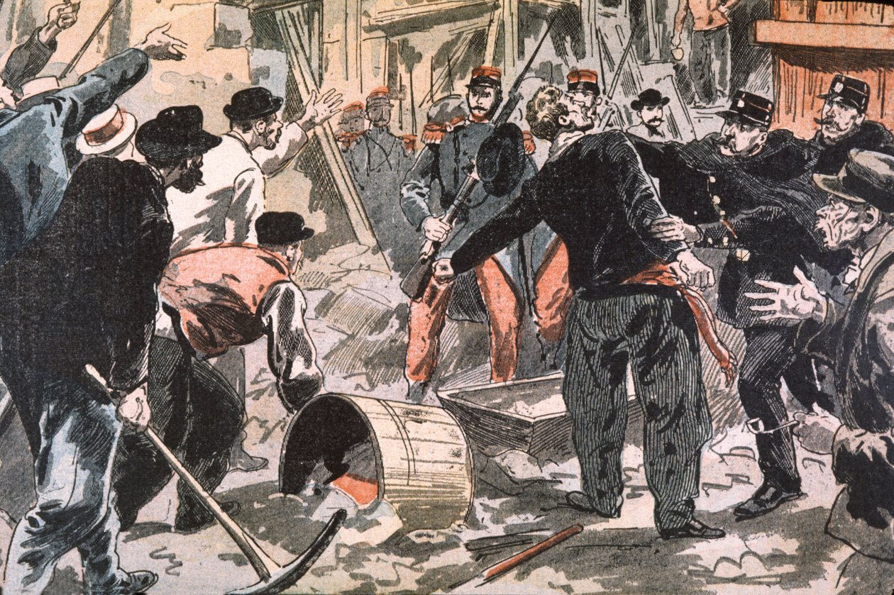 A breton grevisták és a rendfenntartó erők harca egy építkezésen, Párizs, 20. század eleje (metszet) alkotó: Unbekannter Künstler