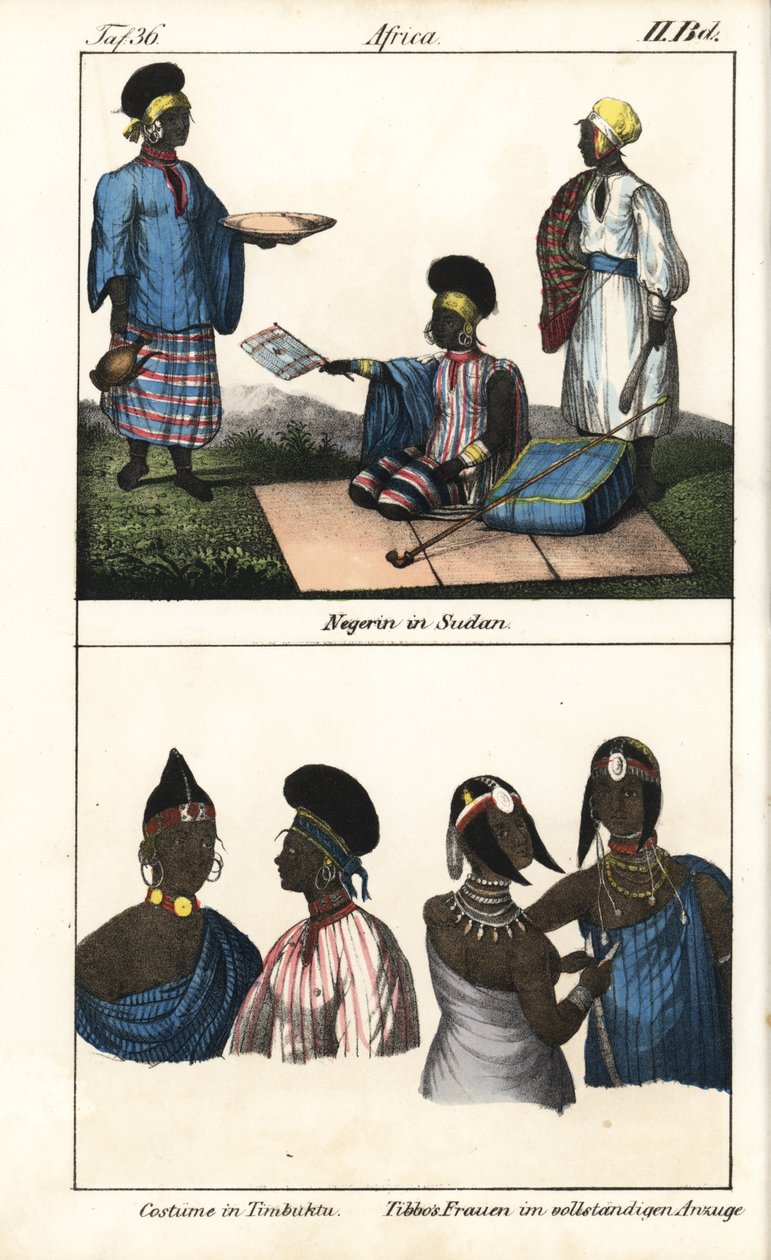 Szudáni nők csíkos ruhában. Alul a timbuktui (Mali) és a szaharai tibbói nők. Litográfia a könyvhöz: "Galerie complete en tableaux fideles des peuples d
