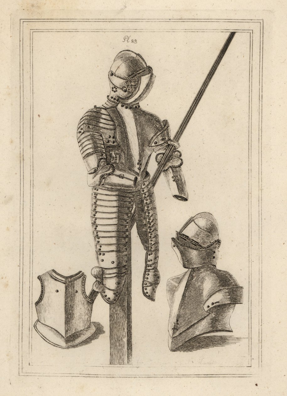 Dönthető páncélruha nagy őrrel és lándzsás támasztékkal a Tower of London 1-ből, sisakkal és nagy őrzővel 2, egy cuirass mellrészével 3 alkotó: Unbekannt