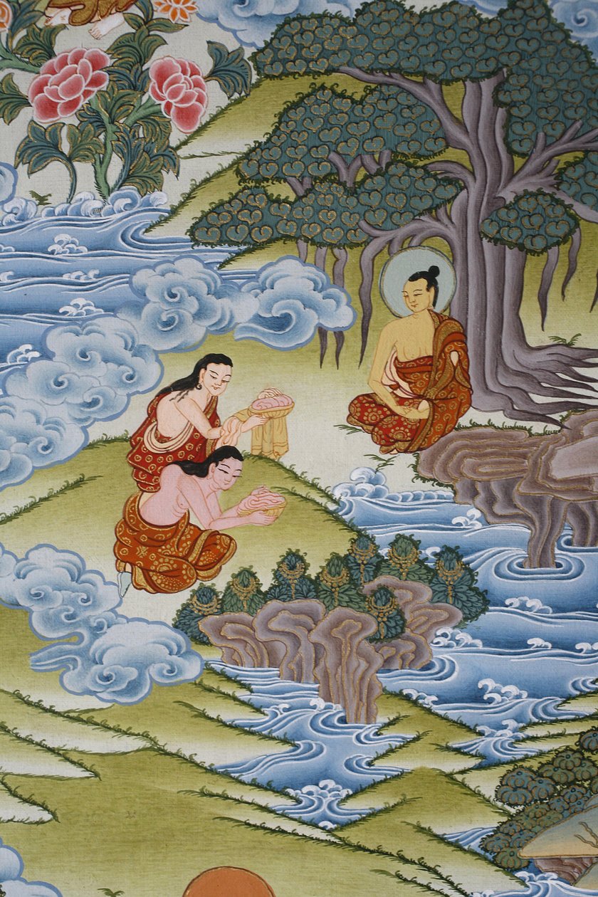 Sujata tejberizst ad Buddhának. Thangka, Bhaktapur, Nepál alkotó: Unbekannt