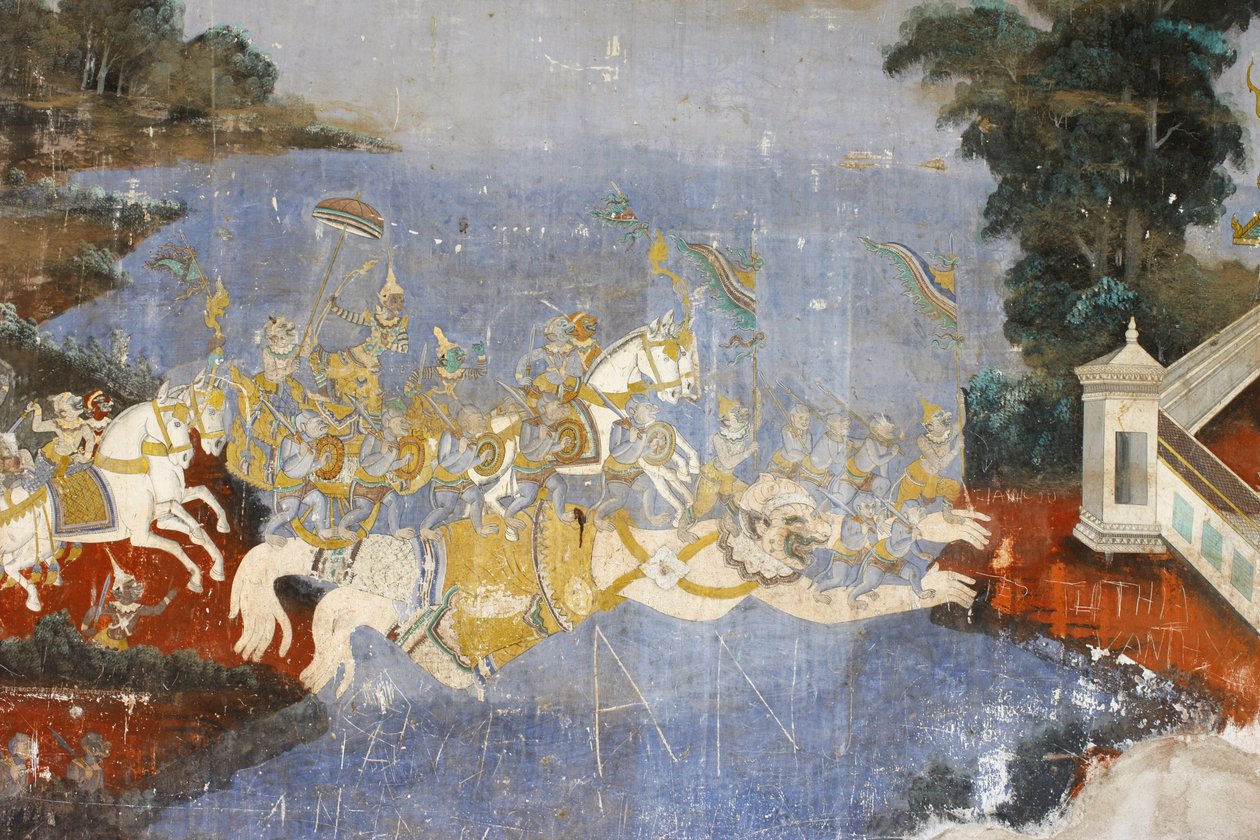 Sylver Pagoda Ez a falfestmény a Reamker jeleneteit ábrázolja, amely a kambodzsai vagy khmer, a klasszikus hindu vers, a Ramayana, Phnom Penh, Kambodzsa változata. alkotó: Unbekannt
