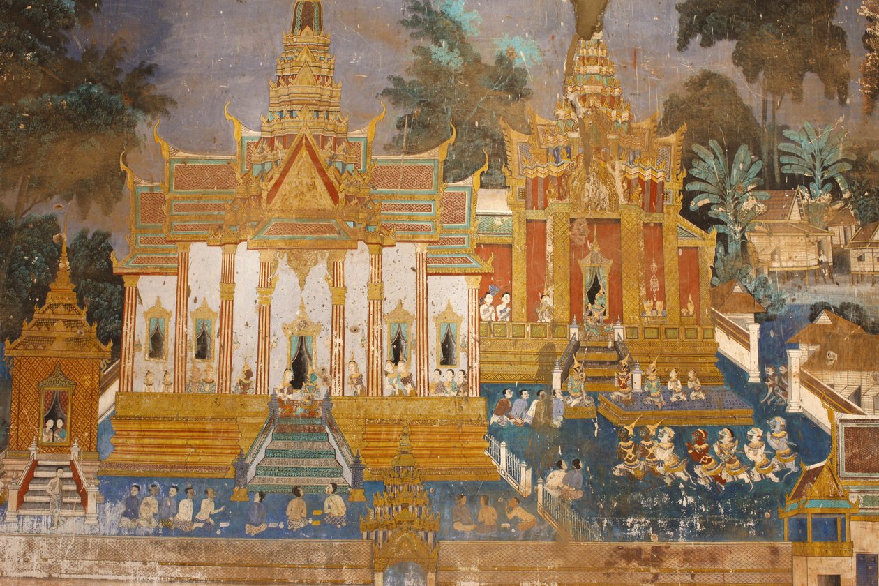 Sylver Pagoda Ez a falfestmény a Reamker jeleneteit ábrázolja, amely a kambodzsai vagy khmer, a klasszikus hindu vers, a Ramayana, Phnom Penh, Kambodzsa változata. alkotó: Unbekannt