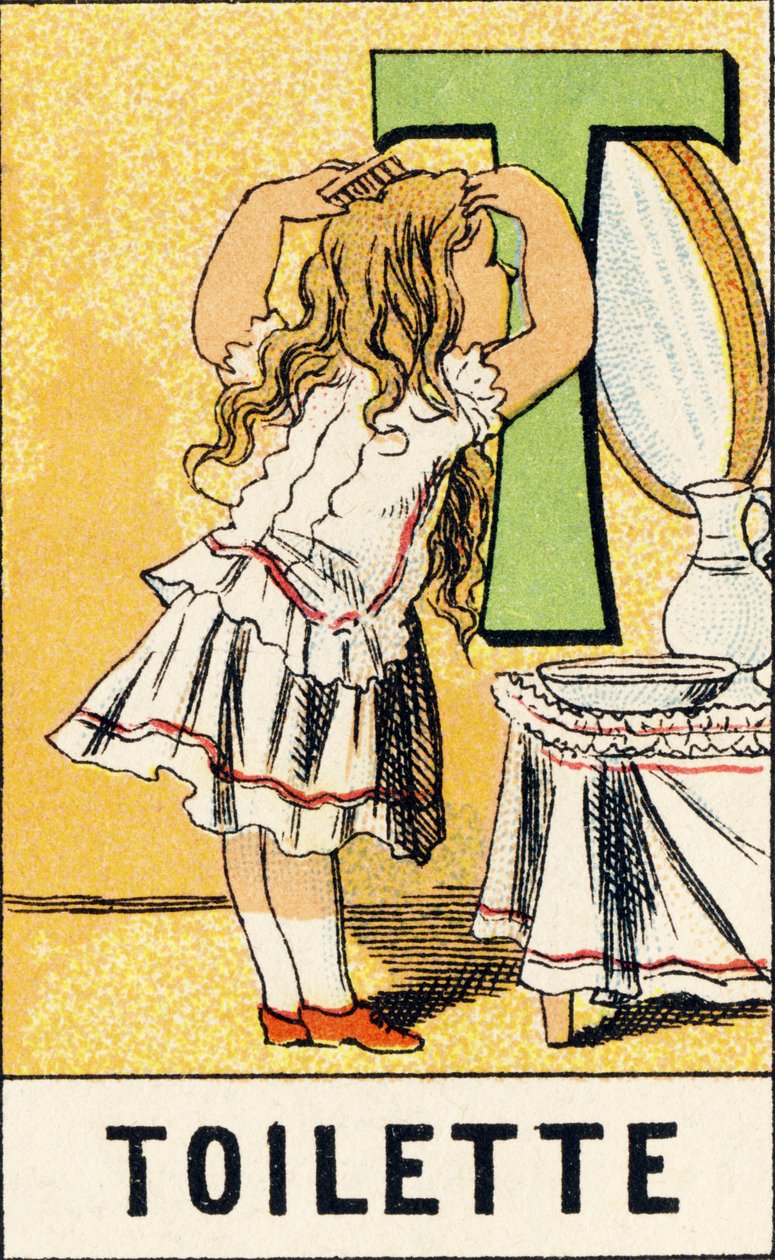 T: WC - Kislányok ABCD gravírozása. Pellerin & Cie, nyomda-kiadó, Epinal, 1890 körül. Serie A. Méretek: 19 x 13,5 cm. alkotó: Unbekannt