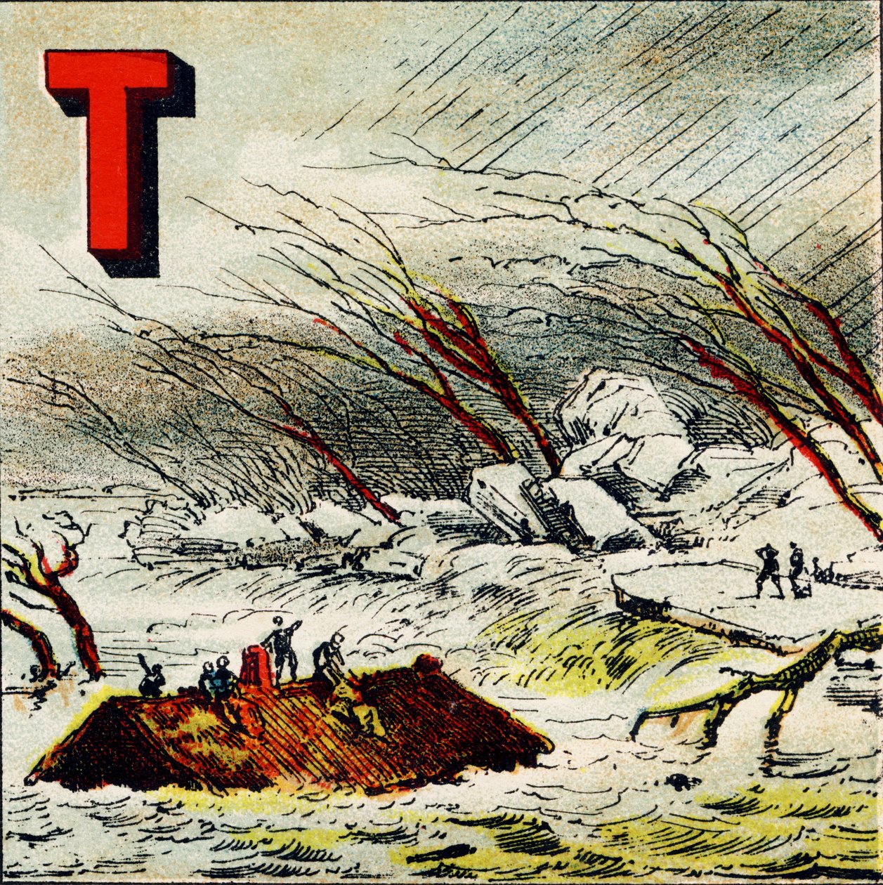 T: Torrent. Ez egy nagyon gyors vízfolyam, amelyet a terep meredek lejtője okoz - A Földrajzi ábécéből kivont metszet. Guerin-Muller et Cie, kiadók, Párizs alkotó: Unbekannt