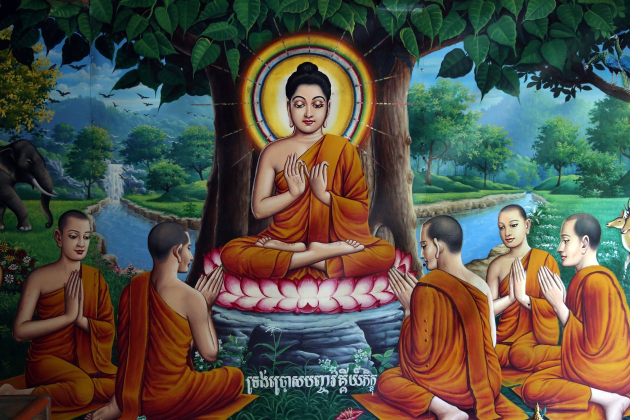 Buddhát a tanítványokkal ábrázoló templomi freskó. Kambodzsa alkotó: Unbekannt
