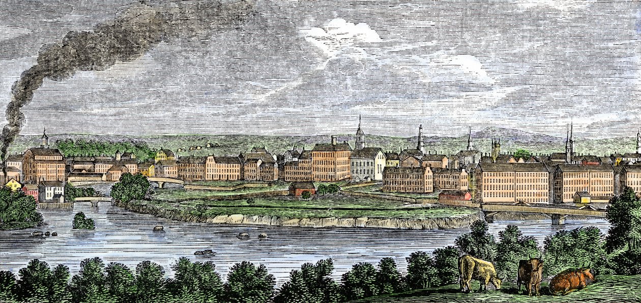 Textilgyárak a Merrimack (Merrimac) és a Concord folyók mentén, Lowell, Massachusetts, USA, 1830-as évek. Színes metszet a 19. századból. alkotó: Unbekannter Künstler